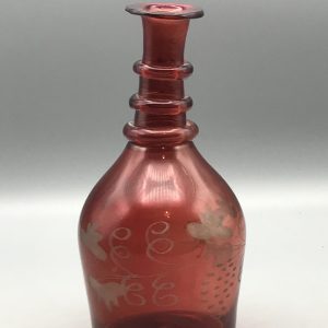 Antique Cranberry Glass Decanter with Etched Decoration