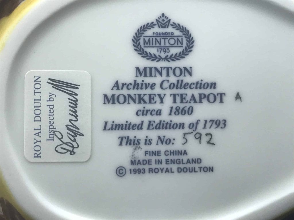 Base mark of Minton Archive Collection Monkey Teapot showing Royal Doulton 1993 production details and limited edition number.