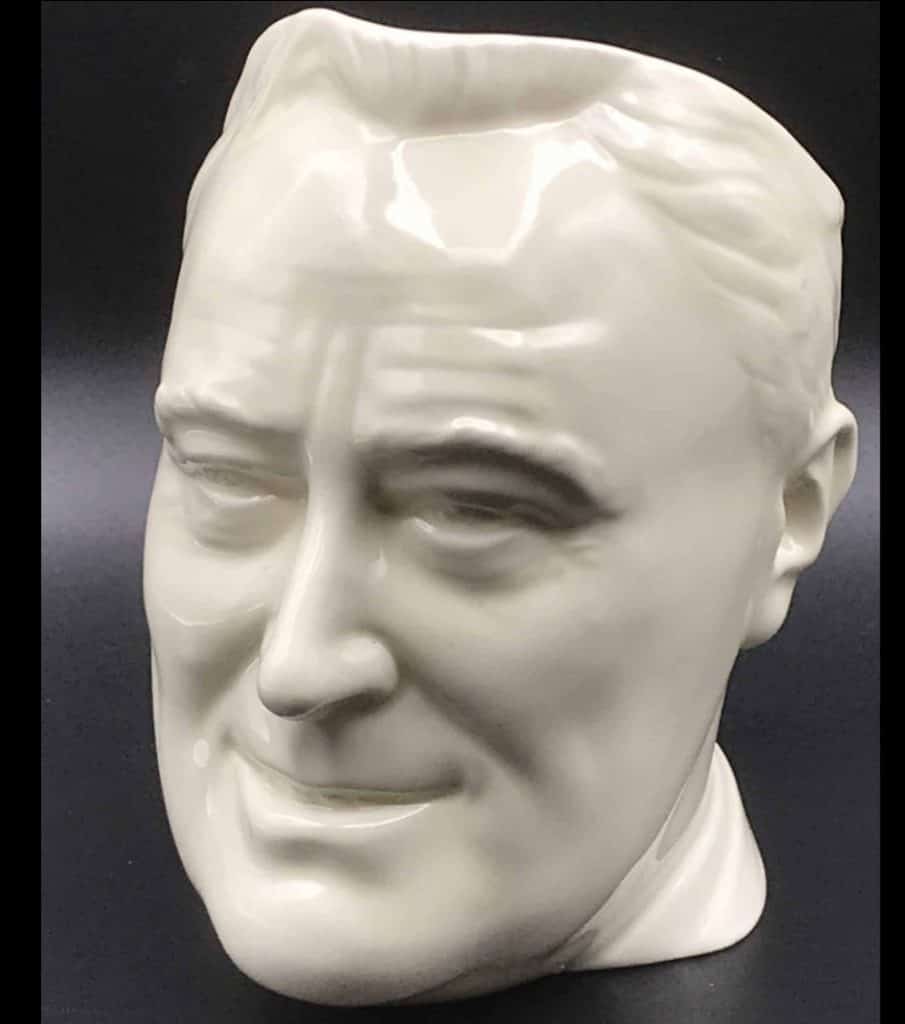 Front view of a Minton porcelain character jug depicting President Franklin D. Roosevelt