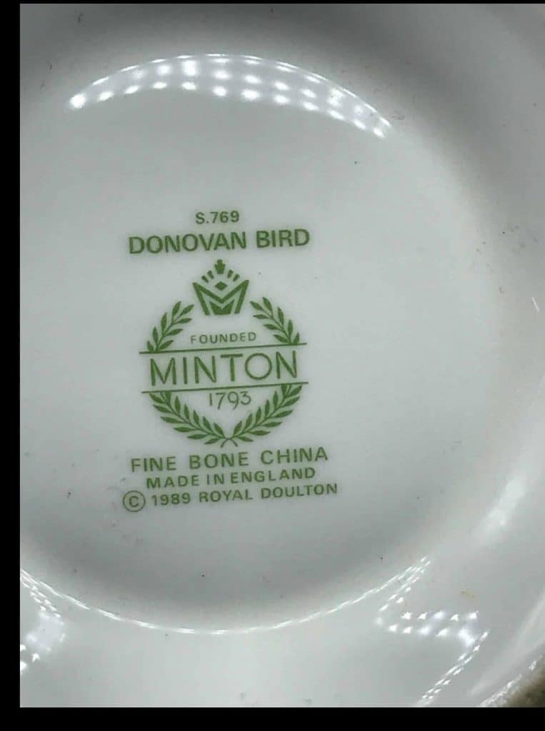 Minton Donovan Bird backstamp showing Royal Doulton era mark on fine bone china teapot